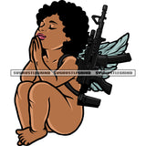 Naked African American Angle Hard Praying Hand Afro Hairstyle Holding Gun Sitting Pose White Background SVG JPG PNG Vector Clipart Cricut Silhouette Cut Cutting