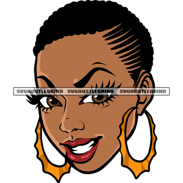Smile Face African American Woman Wearing Hoop Earing Afro Short Hairstyle Design Element White Background SVG JPG PNG Vector Clipart Cricut Silhouette Cut Cutting