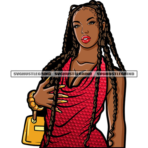 Melanin Woman Standing Sexy Pose Wearing Hoop Earing Long Hairstyle Design Element Black Beauty SVG JPG PNG Vector Clipart Cricut Silhouette Cut Cutting