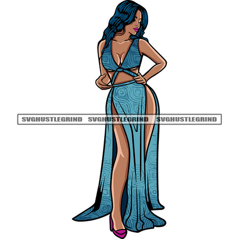 Sexy African American Woman Standing Black Beauty Long Hairstyle Melanin Black Beauty Woman Model Pose White Background SVG JPG PNG Vector Clipart Cricut Silhouette Cut Cutting