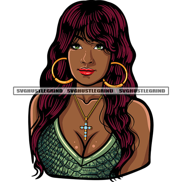 Melanin African American Woman Wearing Hoop Earing Redhead Long Hairstyle Design Element Afro Black Beauty Woman SVG JPG PNG Vector Clipart Cricut Silhouette Cut Cutting