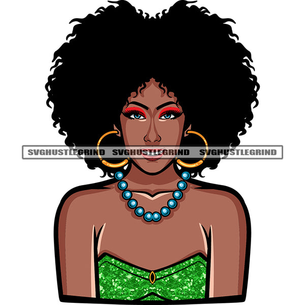 Melanin Gangster African American Woman Face Design Element Black Beauty Wearing Hoop Earing Puffy Afro Hairstyle SVG JPG PNG Vector Clipart Cricut Silhouette Cut Cutting