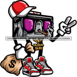 Funny Music Box Radio Cartoon Character Hand Holding Money Bag Wearing Cap Design Element Weed Rolling On Mouth White Background SVG JPG PNG Vector Clipart Cricut Silhouette Cut Cutting