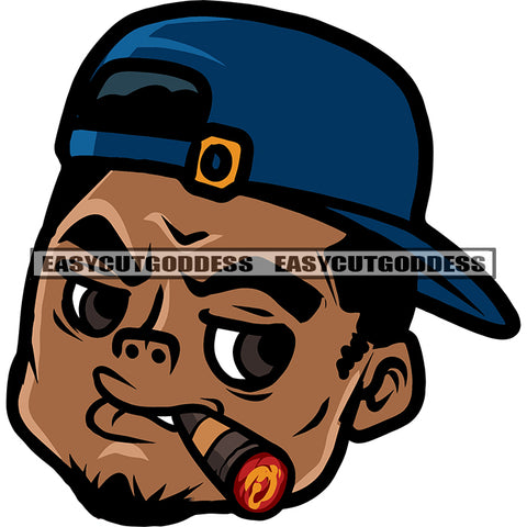 African American Boy Wearing Cap Rolling Marijuana On Moth Gangster Man Face Design Element White Background SVG JPG PNG Vector Clipart Cricut Silhouette Cut Cutting