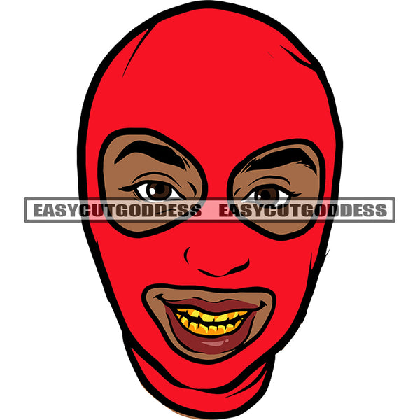 Golden Teeth African American Man Wearing Red Color Ski Mask Afro Boy Head Design Element White Background SVG JPG PNG Vector Clipart Cricut Silhouette Cut Cutting