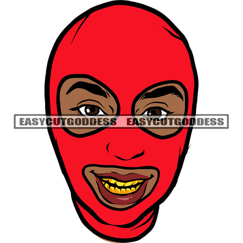 Golden Teeth African American Man Wearing Red Color Ski Mask Afro Boy Head Design Element White Background SVG JPG PNG Vector Clipart Cricut Silhouette Cut Cutting