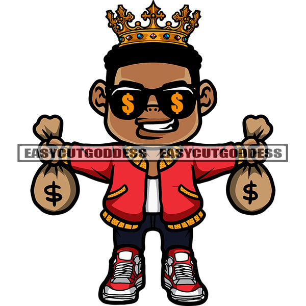 Gangster African American Man Hand Holding Money Bag Crown On Head Crown On Head Afro Boy Smile Face Wearing Sunglass Design Element SVG JPG PNG Vector Clipart Cricut Silhouette Cut Cutting