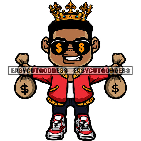 Gangster African American Man Hand Holding Money Bag Crown On Head Crown On Head Afro Boy Smile Face Wearing Sunglass Design Element SVG JPG PNG Vector Clipart Cricut Silhouette Cut Cutting