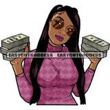 Gangster African American Woman Hand Holding Money Note Afro Girls Long Hairstyle Wearing Sunglass Smile Face SVG JPG PNG Vector Clipart Cricut Silhouette Cut Cutting