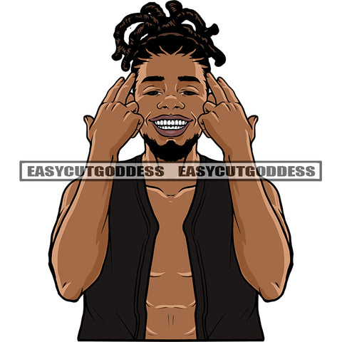 Smile Face Gangster Africana American Man Showing Swag Hand Sign White Teeth Design Element Locus Hairstyle SVG JPG PNG Vector Clipart Cricut Silhouette Cut Cutting