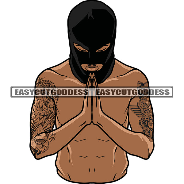 Gangster African American Man Hard Praying Hand Wearing Ski Mask Tattoo Hand Design Element SVG JPG PNG Vector Clipart Cricut Silhouette Cut Cutting
