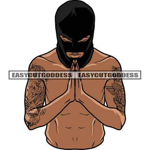 Gangster African American Man Hard Praying Hand Wearing Ski Mask Tattoo Hand Design Element SVG JPG PNG Vector Clipart Cricut Silhouette Cut Cutting
