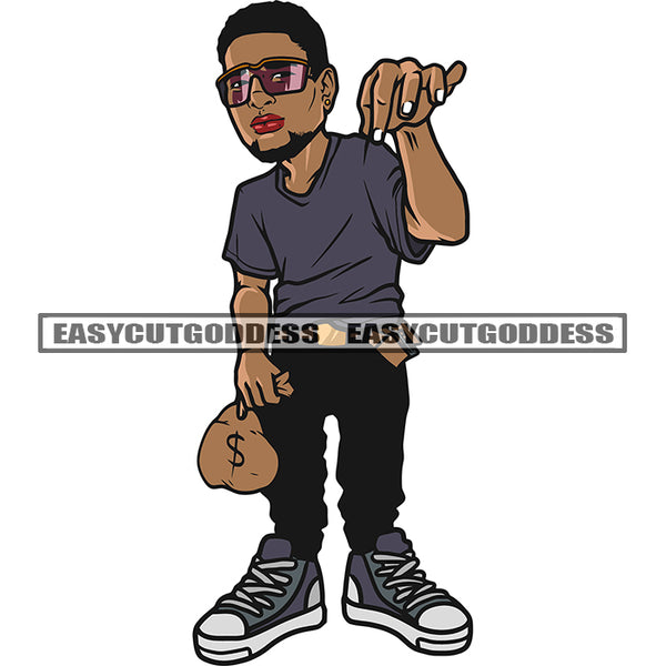 African American Gangster Man Hand Holding Money Bag Wearing Sunglass Afro Short Hairstyle Design Element Afro Man Standing White Background SVG JPG PNG Vector Clipart Cricut Silhouette Cut Cutting