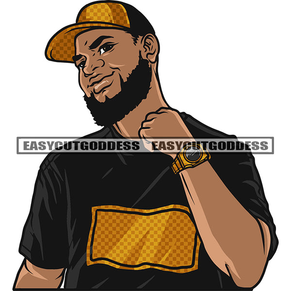 Smile Face Afro Man Wearing Cap African American Gangster Man Head Design Element White Background Wearing Golden Watch Beard Style SVG JPG PNG Vector Clipart Cricut Silhouette Cut Cutting
