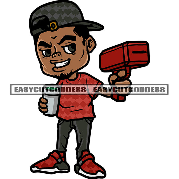 Smile Face Gangster African American Boy Hand Holding Money Dripping Gun And Coffee Mug Afro Boy Wearing Cap Design Element Boy SVG JPG PNG Vector Clipart Cricut Silhouette Cut Cutting
