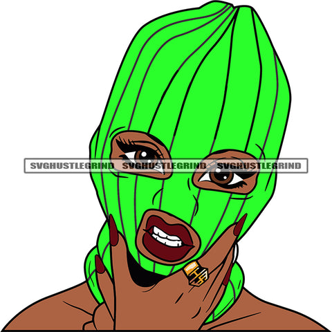 Angry Face African American Gangster Woman Wearing Green Color Ski Mask White Background Afro Girls Hand Long Nail White Background SVG JPG PNG Vector Clipart Cricut Silhouette Cut Cutting