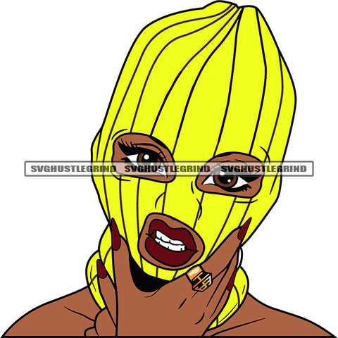 Angry Face African American Gangster Woman Wearing Yellow Color Ski Mask White Background Afro Girls Hand Long Nail White Background SVG JPG PNG Vector Clipart Cricut Silhouette Cut Cutting