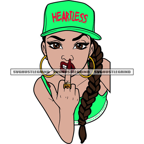 Heartless Quote On Cat African American Angry Face Girls Showing Middle Finger Green Color Dress Long Nail And Long Hair Design Element Afro Girls Wearing Hoop Earing SVG JPG PNG Vector Clipart Cricut Silhouette Cut Cutting