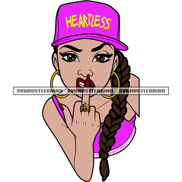 Heartless Quote On Cat African American Angry Face Girls Showing Middle Finger Pink Color Dress Long Nail And Long Hair Design Element Afro Girls Wearing Hoop Earing SVG JPG PNG Vector Clipart Cricut Silhouette Cut Cutting