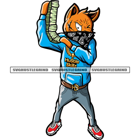 Gangster Scarface Cat Standing And Hand Holding Lot Of Money Bundle Cat Wearing Mask Design Element SVG JPG PNG Vector Clipart Cricut Silhouette Cut Cutting