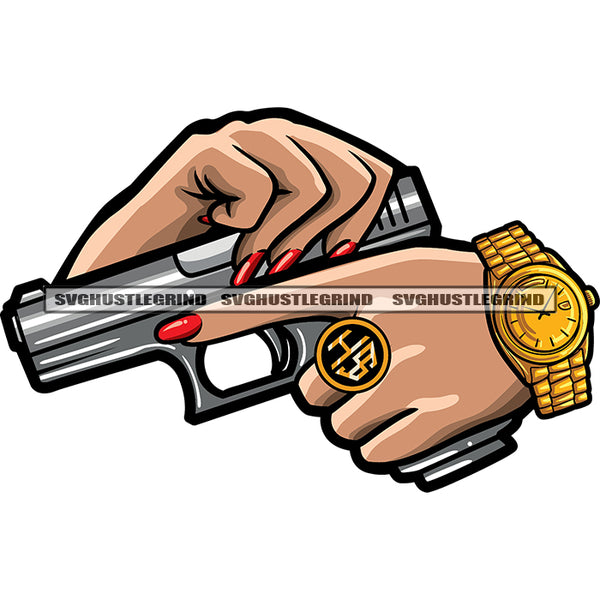 African American Woman Hand Holding Gun Design Element Woman Hand Wearing Watch White Background SVG JPG PNG Vector Clipart Cricut Silhouette Cut Cutting