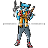 Gangster Scarface Cat Hand Holding Double Gun Afro Cat Standing And Wearing Sunglass Design Element White Background SVG JPG PNG Vector Clipart Cricut Silhouette Cut Cutting