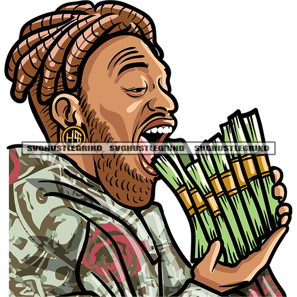 African American Gangster Man Eating Money Bundle Pose Locus Short Hairstyle Design Element White Background SVG JPG PNG Vector Clipart Cricut Silhouette Cut Cutting