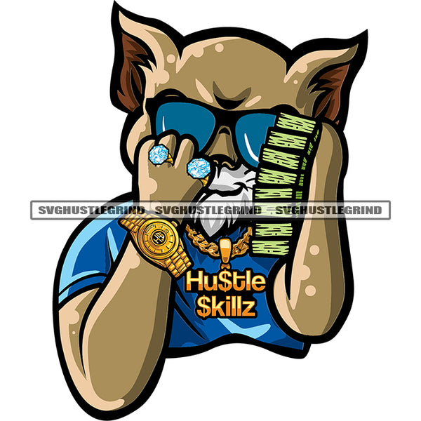 Gangster Scarface Old Cat Hand Holding Money Bundle Design Element Afro Cat Wearing Sunglass And Dimond Ring SVG JPG PNG Vector Clipart Cricut Silhouette Cut Cutting