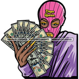 Dope Queen Quote On Hat African American Woman Showing Money Note Afro Girls Wearing Ski Mask Black Girls Long Nail Design Element SVG JPG PNG Vector Clipart Cricut Silhouette Cut Cutting