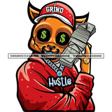 Gangster African American Scarface Cat Hand Holding Money Bundle And Wearing Cap And Watch Dollar Sign On Cat Eyes White Background SVG JPG PNG Vector Clipart Cricut Silhouette Cut Cutting