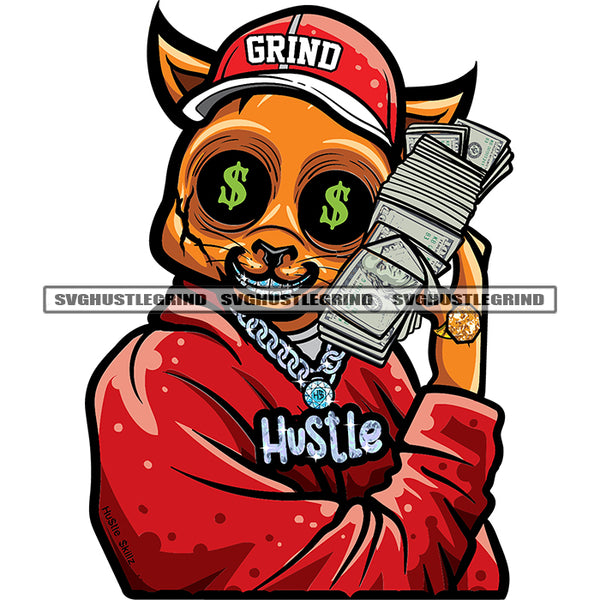 Gangster African American Scarface Cat Hand Holding Money Bundle And Wearing Cap And Watch Dollar Sign On Cat Eyes White Background SVG JPG PNG Vector Clipart Cricut Silhouette Cut Cutting