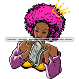 Gangster African American Woman Bite On Money Note Pink Color Hairs Crown On Head Design Element Afro Girls Close Eyes White Background SVG JPG PNG Vector Clipart Cricut Silhouette Cut Cutting