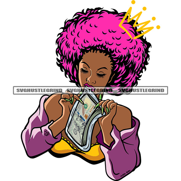 Gangster African American Woman Bite On Money Note Pink Color Hairs Crown On Head Design Element Afro Girls Close Eyes White Background SVG JPG PNG Vector Clipart Cricut Silhouette Cut Cutting