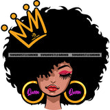 Queen Quote On Earing African American Cute Girls Close Eyes Wearing Hoop Earing Crown On Head Puffy Hairstyle Design Element White Background SVG JPG PNG Vector Clipart Cricut Silhouette Cut Cutting