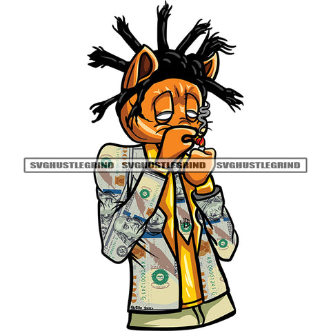 Scarface Cat Smoking Marijuana Cat Red Eyes Wearing Cap Dollar Note Make Coat Design Element White Background SVG JPG PNG Vector Clipart Cricut Silhouette Cut Cutting