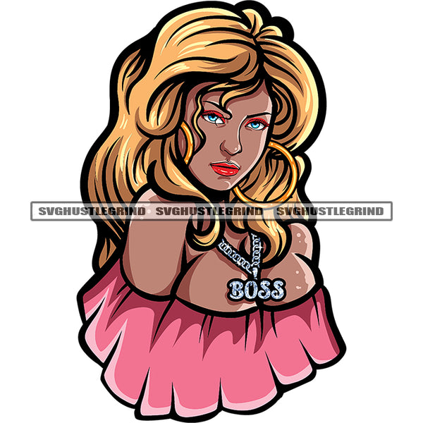 Plus Size African American Woman Head Design Element Golden Hairstyle Afro Girls Wearing Dimond Chain White Background SVG JPG PNG Vector Clipart Cricut Silhouette Cut Cutting