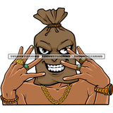 Funny Money Bag Cartoon Character Showing Finger Ring Smile Face Design Element African American Gangster Character SVG JPG PNG Vector Clipart Cricut Silhouette Cut Cutting