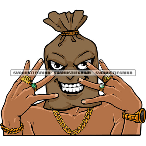 Funny Money Bag Cartoon Character Showing Finger Ring Smile Face Design Element African American Gangster Character SVG JPG PNG Vector Clipart Cricut Silhouette Cut Cutting