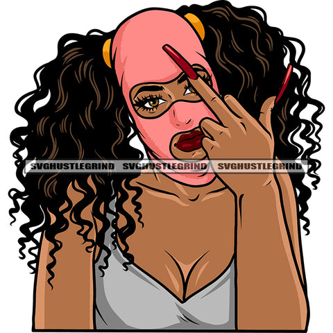 Sexy African American Woman Showing Middle Finger Curly Long Hairstyle Afro Girls Wearing Ski Mask Design Element Afro Girls Long Nail White Background SVG JPG PNG Vector Clipart Cricut Silhouette Cut Cutting
