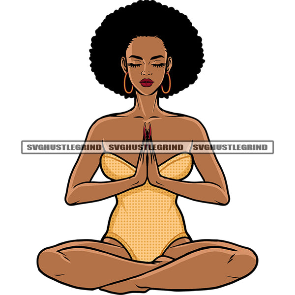 Fitness African American Girls Sitting Yoga Pose Afro Girls Short Hairstyle Melanin Girls Wearing Hoop Earing Close Eyes Design Element SVG JPG PNG Vector Clipart Cricut Silhouette Cut Cutting