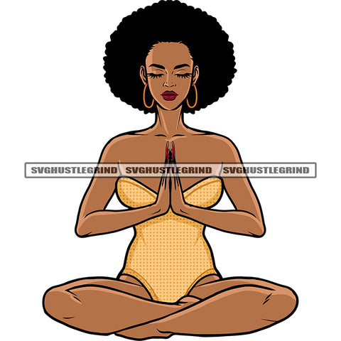 Fitness African American Girls Sitting Yoga Pose Afro Girls Short Hairstyle Melanin Girls Wearing Hoop Earing Close Eyes Design Element SVG JPG PNG Vector Clipart Cricut Silhouette Cut Cutting