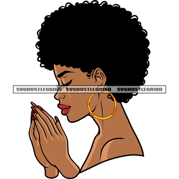 Hard Praying Hand African American Girls Close Eyes Afro Short Hairstyle Design Element Melanin Girls Wearing Hoop Earing Vector White Background SVG JPG PNG Vector Clipart Cricut Silhouette Cut Cuttingf