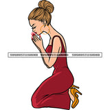 Beautiful African American Woman Hard Praying Hand Sitting Pose Melanin Woman Wearing Hoop Earing Afro Girls Long Nail Design Element White Background SVG JPG PNG Vector Clipart Cricut Silhouette Cut Cutting