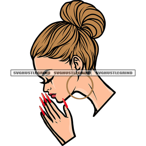 Beautiful African American Woman Hard Praying Hand Long Nail Close Eyes Melanin Woman Wearing Hoop Earing Afro Girls Long Nail Design Element White Background SVG JPG PNG Vector Clipart Cricut Silhouette Cut Cutting