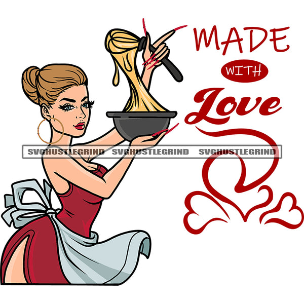 Made With Love Quote African American Housewife Cooke Food Beautiful Melanin Girls Wearing Hoop Earing Design Element White Background SVG JPG PNG Vector Clipart Cricut Silhouette Cut Cutting