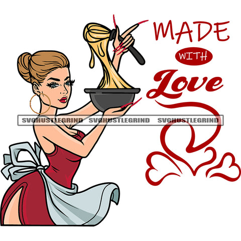 Made With Love Quote African American Housewife Cooke Food Beautiful Melanin Girls Wearing Hoop Earing Design Element White Background SVG JPG PNG Vector Clipart Cricut Silhouette Cut Cutting