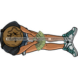 Gangster African American Woman Sitting Pose And Hand Holding Money Note Hide Face Wearing Cap Design Element SVG JPG PNG Vector Clipart Cricut Silhouette Cut Cutting