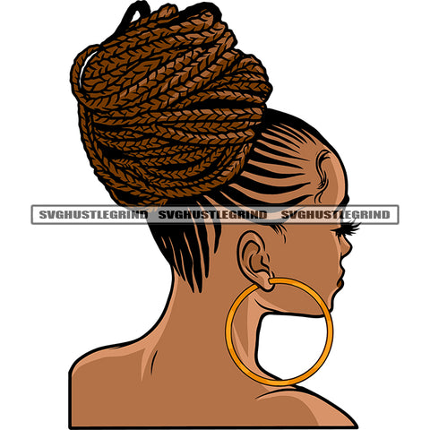African American Woman Back Side Design Element Wearing Hoop Earing Locus Long Hairstyle White Background Close Eyes SVG JPG PNG Vector Clipart Cricut Silhouette Cut Cutting