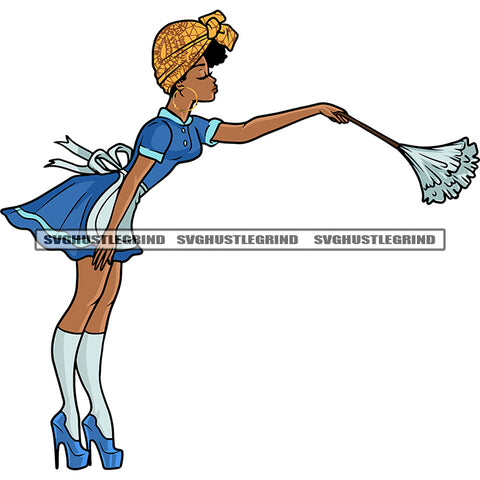 Cleaner Girls African American Girls Standing Close Eyes Design Element Hand Holding Cleaner Brush White Background SVG JPG PNG Vector Clipart Cricut Silhouette Cut Cutting