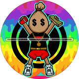 Funny Money Bag Cartoon Character Head Design Element Hand Holding Money Note And Coffee Mug Rainbow Background SVG JPG PNG Vector Clipart Cricut Silhouette Cut Cutting